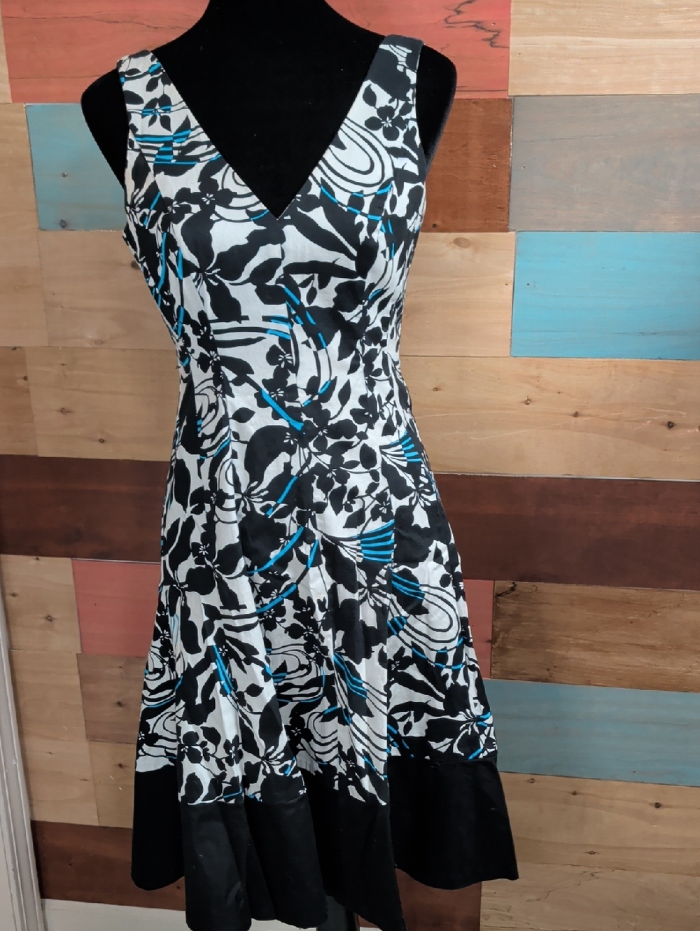 Rena Rowan Black & White Floral Midi Dress with Teal Accents